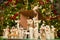 Christmas nativity scene with blurred Chrstmas tree in background