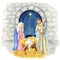 Christmas nativity scene with the Holy Family watercolor illustration, Madonna, child Jesus, Saint Joseph. Saint Virgin