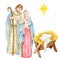 Christmas nativity scene with the Holy Family watercolor illustration, Madonna, child Jesus, Saint Joseph. Saint Virgin