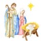 Christmas nativity scene with the Holy Family watercolor illustration, Madonna, child Jesus, Saint Joseph. Saint Virgin