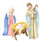 Christmas nativity scene with the Holy Family watercolor illustration, Madonna, child Jesus, Saint Joseph. Saint Virgin