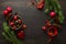 Christmas natural decor stuff on moody rustic table surface