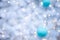 Christmas and New Year 2022 defocused blurry festive background bokeh of white beige blue colors decoration