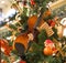 Christmas and New Year. Amazing Christmas tree with musical decorations and violin