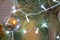 Christmas or New Year background. Decorated pine tree closeup