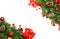 Christmas and New Year background with fir branches, red gift boxes, Christmas balls and festive decor, white top view, copy space