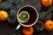 Christmas new year background with tangerines, tea with lemon. winter still. selective focus