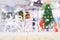 Christmas and New year background,Wood table top with blurred decoration chrismas tree and bokeh background