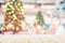 Christmas and New year background,Wood table top with blurred decoration chrismas tree and bokeh background