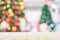 Christmas and New year background,Wood table top with blurred decoration chrismas tree and bokeh background