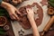 Christmas and New Year bakery. Close up of kids and female hands  cooking traditional gingerbread cookies.  Wooden kitchen table