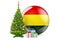 Christmas and New Year in Bolivia, concept. Christmas tree and gift boxes with Bolivian flag, 3D rendering