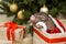 Christmas and new year card with cute newborn santa pig in gift present box. Decorations symbol of the year Chinese calendar. fir