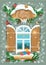 Christmas and New Year card with wooden frosty window
