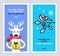 Christmas and New Year cards set with cute reindeer character giving a gift and bird sitting on a omela branch. Vector.