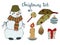 Christmas new year clip art set. Cute snowman in a scarf, gifts, Christmas decorations, candles, sweets and more.