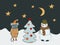 Christmas New Year composition. A cute snowman and mouse celebrate Christmas near a decorated Christmas tree, around a snowdrift