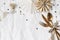 Christmas, New Year composition. Decorative table setting. Paper stars, golden cutlery and confetti stars on white linen