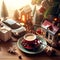 Christmas, New Year composition with hot coffee on the table, gifts and a Christmas tree decorated with toys and colorful garlands