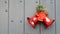 Christmas and New Year decor, pine or fir, red ribbon and bells on door or gate.