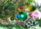 Christmas,New Year decoration-balls, green tinsel