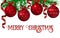 Christmas and new year decoration template with fir tree garland, red ornated metallic shiny christmas balls, curled ribbons