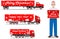 Christmas and New Year delivery. Set of detailed illustration of delivery trucks and deliveryman hold the box isolated