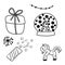 Christmas, New Year design elements. Christmas tree, gift, garland, horse, snowflake, fireworks, snow globe, Christmas