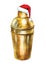 Christmas New Year Eye Winter Holiday Cocktail Liquor Bar Party Nightlife Hand Drawn Food Gold Yellow Shaker in Santa Claus Hat