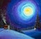 Christmas new year fairy painting, christmas tree and snowman in winter night magic forest oil painting