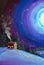 Christmas new year fairy painting, christmas tree and snowman in winter night magic forest oil painting