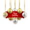 Christmas and New Year festive background design, decorative gold balls and red ribbon, vector illustration