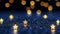 Christmas and New Year festive background. Golden stars and pieces of shiny foil on dark blue bokeh background with copy space