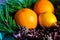 Christmas or new year  fruit basket top view. Oranges and lemon lie in a basket with a Christmas tree and Christmas cones. New