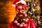 Christmas or New Year funny concept. Beard with bauble. Santa in barber shop. Merry christmas and happy new year. New