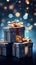 Christmas, New Year gift boxes holiday celestial cosmic background, copy space