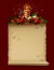 Christmas and New Year greeting card with candle, Christmas tree decorations and parchment sheet banner on dark red background