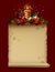 Christmas and New Year greeting card with candle, Christmas tree decorations and parchment sheet banner on dark red background