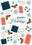 Christmas and New Year greeting card. Colorful mistletoe, snowflake, berries and gift boxes. Flat style. Happy Holidays