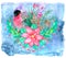 Christmas and New Year greeting card with snowbird, poinsettia flower, cone and berry against blue painted background