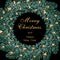 Christmas, New Year inscription. Dark green branches of spruce in the form of a Christmas wreath with golden stars and