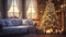 Christmas and New Year interior. Festive living room with large windows, sofa with cushions and blanket, decorated Christmas fir
