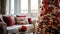 Christmas and New Year interior of room in red and white colors. Festive living room with window, sofa with cushions