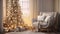 Christmas and New Year modern interior in white colors. Festive living room with large windows, sofa with cushions and blanket