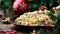 Christmas and New year Olivier salad, traditional Russian food with decoration, gifts, green tree branch on wooden