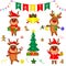 Christmas and New Year party 2020. Set of four cute reindeer in different costumes. Christmas tree, gifts, bells, sweets