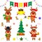 Christmas and New Year party 2020. Set of four cute reindeer in different costumes. Christmas tree, gifts, bells, sweets