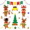 Christmas and New Year party 2020. Set of four cute reindeer in different costumes. Christmas tree, gifts, bells, sweets and other