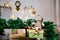 Christmas and New Year photo studio, green tree, garlands, glass for milk, soft chair, plush toy, white wall (3).