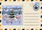 Christmas and New Year Postcard with stamps and mark. Night sity xmass tree market old town. Flat cartoon style vector